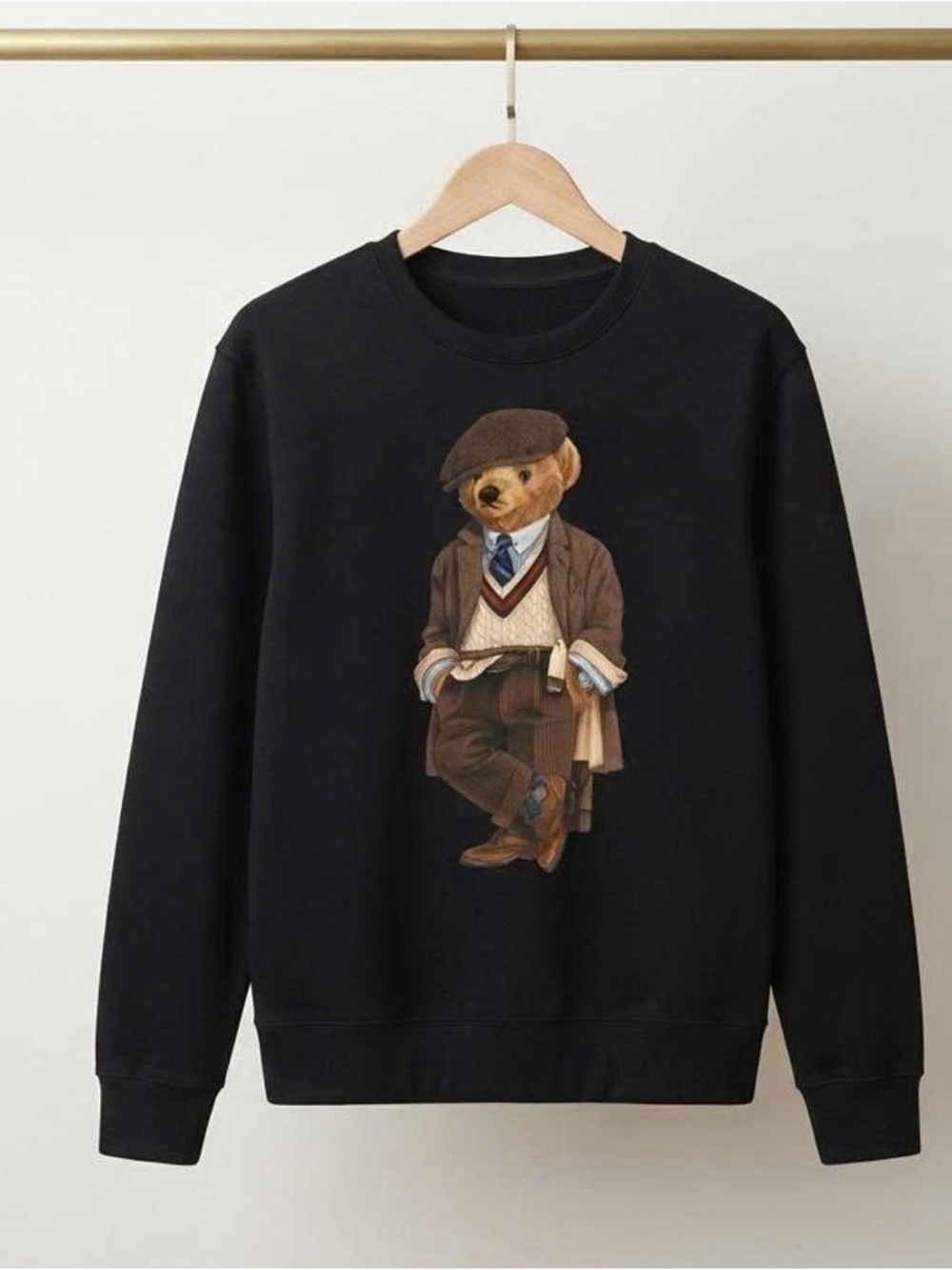 Black Crewneck Sweater with Teddy Bear Graphic
